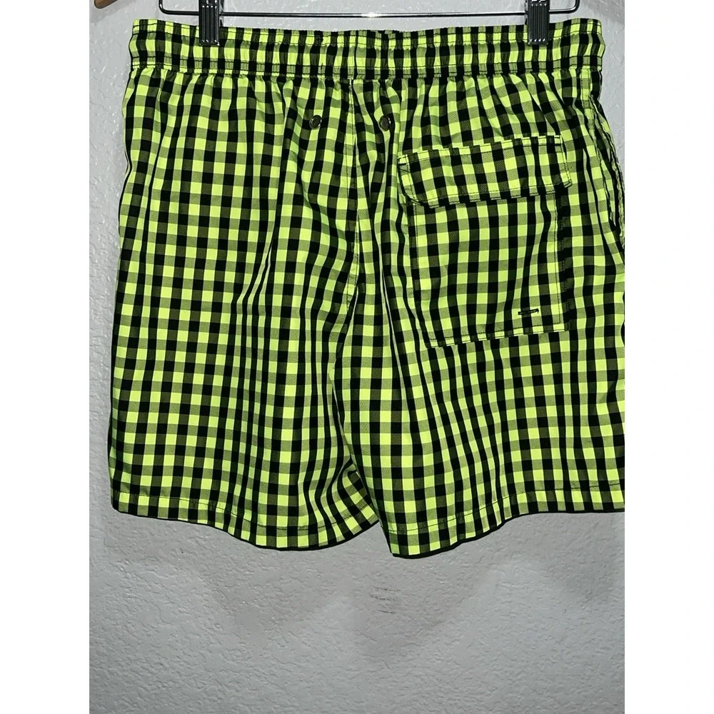 JARED LANG Men's Checkered Swim Trunks Neon Lime Black Plaid Shorts Sz. Medium